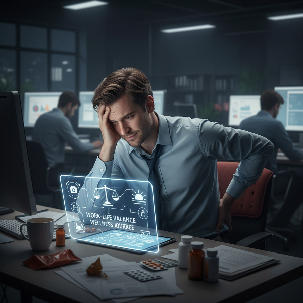 Een man die overweldigd wordt door werkstress, met lichamelijke klachten en uitputting, terwijl hij zoekt naar manieren om de neerwaartse spiraal te doorbreken.