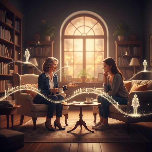 Een psycholoog in een warme praktijkruimte geeft met een kalme, begripvolle houding advies aan een cliënt die worstelt met eenzaamheid en oppervlakkige gesprekken.