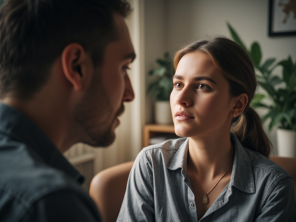 Een afbeelding van een psycholoog die een jonge vrouw begeleidt bij het overwinnen van avondangst na een trauma, met symbolen van veilige confrontatie en herstel.