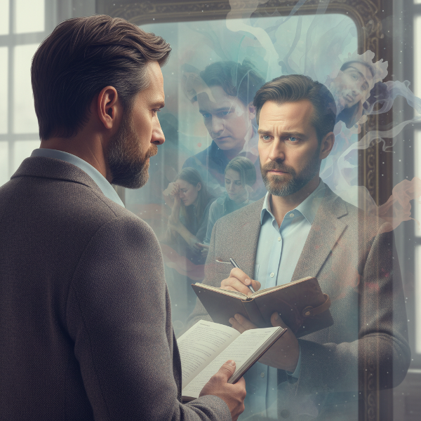 Een psycholoog staat voor een spiegel waarin zijn reflectie een notitieblok vasthoudt, symbool voor analytische modus. Op de achtergrond vervagen cliëntgezichten en intieme scènes, wat de vervaging tussen werk en privé illustreert.