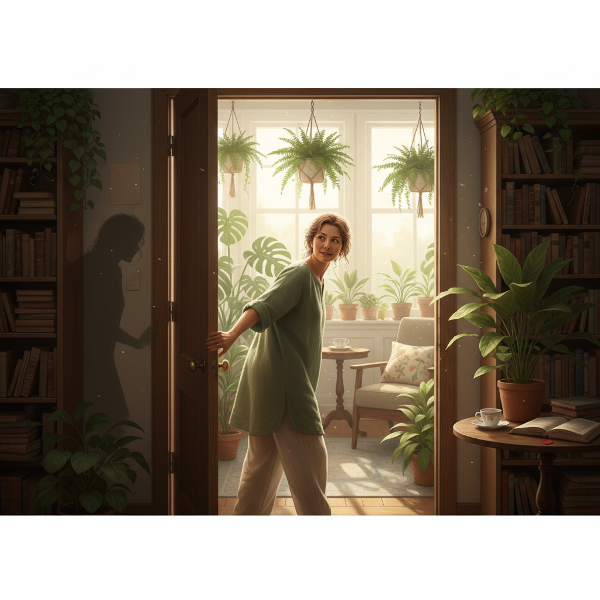 Een vrouw staat op de drempel van een lichte, uitnodigende ruimte die haar nieuwe online praktijk voorstelt, terwijl een schaduwfiguur achter haar blijft, symbool voor de twijfel en zelf-sabotage die ze overwint.