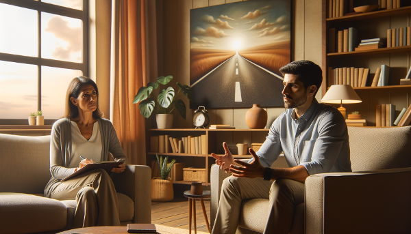 Een rustige psycholoog luistert naar een cliënt in een thuiskantoor, met een symbolische achtergrond van een veilige weg en een zonsopgang die hoop en herstel uitbeeldt.