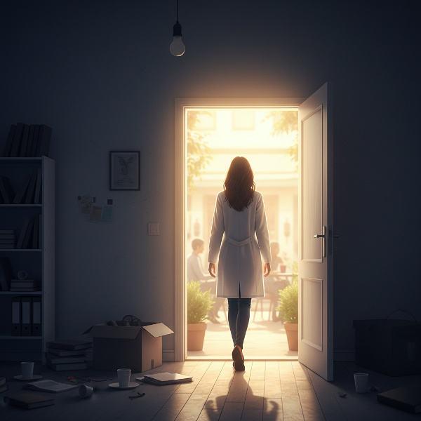 Een vrouwelijke psycholoog loopt door een lege, donkere kamer naar een open deur met warm, uitnodigend licht, wat de overgang van isolatie naar verbinding symboliseert.