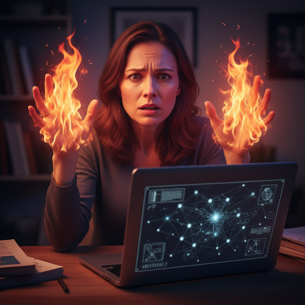 Een jonge vrouw kijkt gespannen naar haar laptop, haar handpalmen gloeien rood en haar vingers trillen licht, wat haar angst voor kritiek en faalangst in het werk als grafisch ontwerper symboliseert.