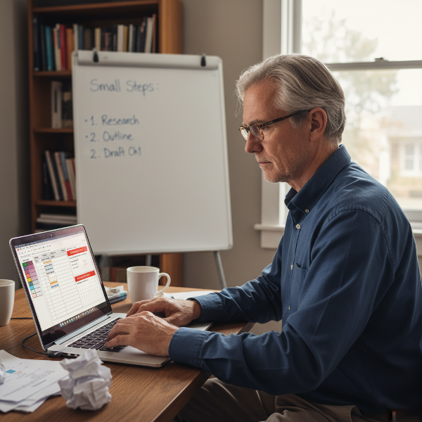 Illustratie van een 62-jarige man die achter zijn laptop werkt en zijn verlammende besluiteloosheid overwint door concrete gedragspsychologische strategieën toe te passen, zoals het gebruik van een beslissingsmatrix, het stellen van deadlines en het zetten van kleine, omkeerbare stappen.