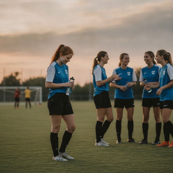 Een jonge vrouw in sportkleding staat aan de rand van een team, kijkt naar anderen die praten, voelt zich geïsoleerd, maar er is een warme gloed die hoopvolle verbinding symboliseert.