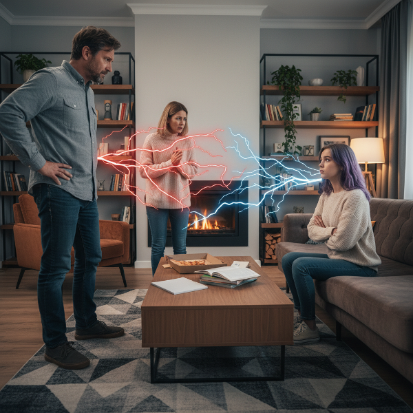 Een man voelt spanning met zijn tienerstiefdochter in de woonkamer, terwijl zijn vrouw bezorgd toekijkt. De sfeer is geladen met onuitgesproken emoties.