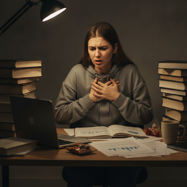 Een jonge vrouw zit aan een bureau met een laptop en boeken, ze heeft haar handen op haar borst en ziet er benauwd en gestrest uit door de prestatiedruk van haar afstuderen.