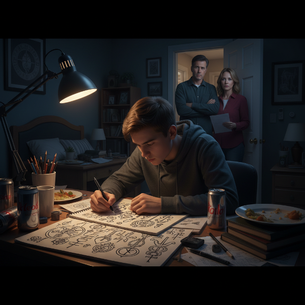 Een 16-jarige jongen tekent in het donker aan zijn bureau, omringd door symbolische, donkere illustraties, terwijl zijn ouders op de achtergrond met gespannen gezichten overleggen.