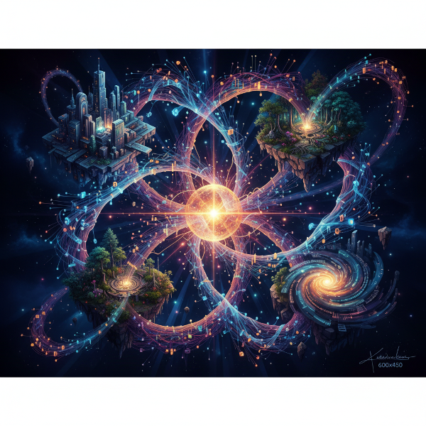 Een abstracte afbeelding met kleurrijke, vloeiende lijnen en vormen die bruggen slaan tussen gescheiden werelden, symbolisch voor creativiteit en innovatie.