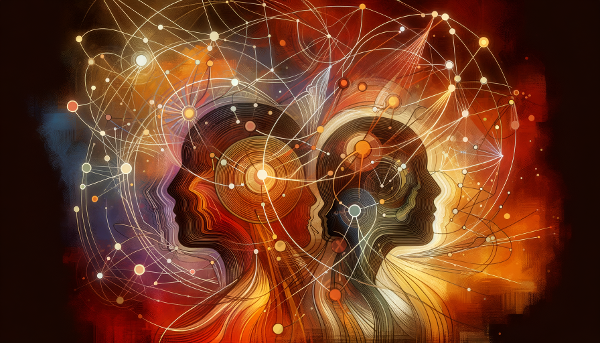 Abstracte kunst met verweven lijnen en vormen in warme kleuren die de complexiteit van menselijke verbinding en relatiepatronen visualiseert.