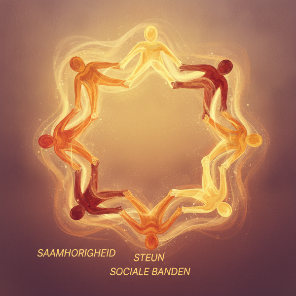 Abstracte illustratie van mensenhanden die in een cirkel van licht verbonden zijn, warme kleuren, symboliseert sociale verbondenheid en gemeenschapszin.