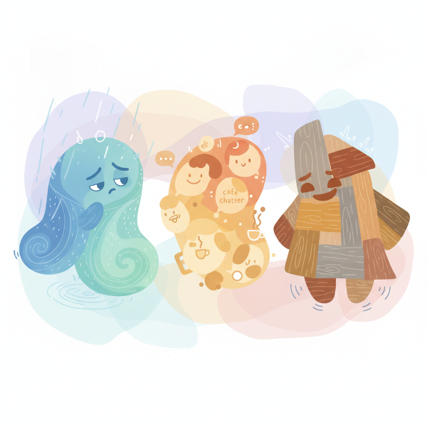 Abstracte illustratie met golvende lijnen en vormen die verschillende achtergrondgeluiden visualiseren als persoonlijkheidstypes in een speelse stijl.