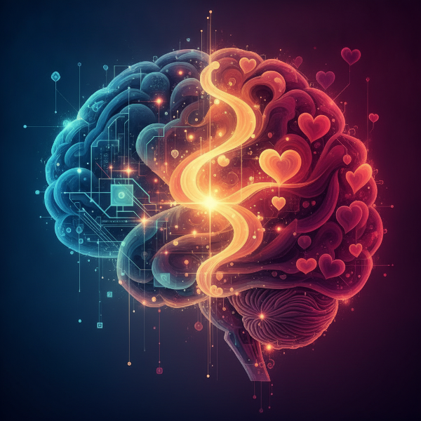 Abstract beeld van een brein met kleurrijke lijnen en cirkels die analytisch, intuïtief en emotioneel denken symboliseren.