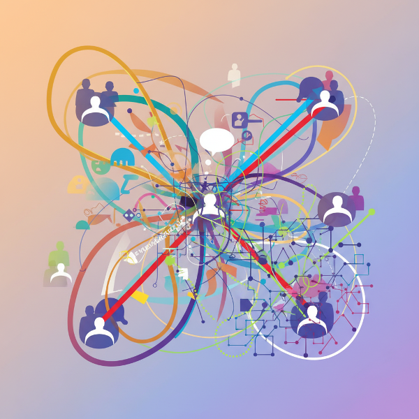 Abstracte weergave van communicatiestijlen in relaties, met kleuren en lijnen die harmonie, directheid en analyse symboliseren.