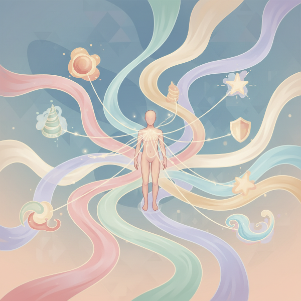 Abstracte illustratie van een persoon op een kruispunt, met onzichtbare draden die keuzes verbinden aan onderbewuste behoeften, in zachte kleuren.