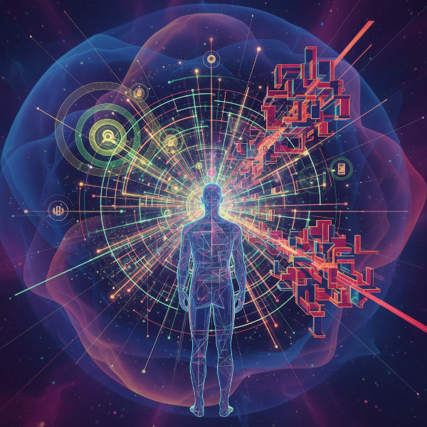 Een abstracte illustratie van een denkproces waarbij een persoon voor een complex obstakel staat, met vertakkende paden die verschillende denkstijlen symboliseren.