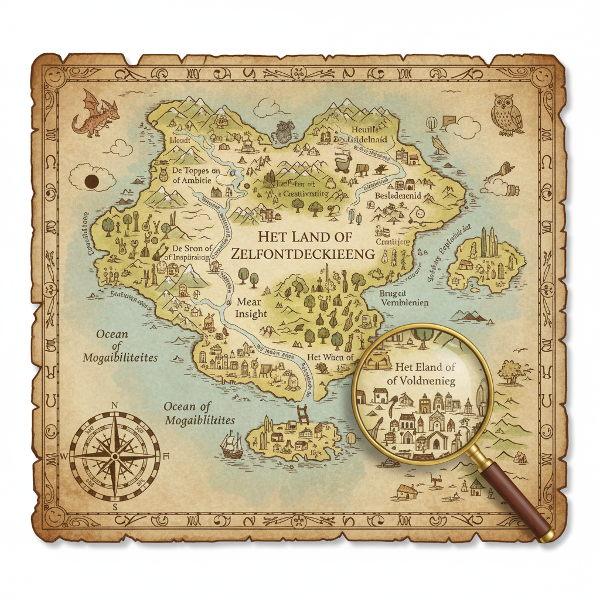 Een gedetailleerde, oude kaart die metaforisch een persoonlijkheidsverhaal vertelt, met speelse elementen en een ontspannende sfeer.