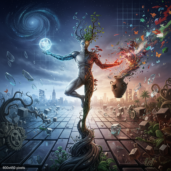 Een afbeelding die de spanning tussen orde en chaos verbeeldt, met een figuur die balanceert tussen strakke structuren en vloeiende, onvoorspelbare vormen.