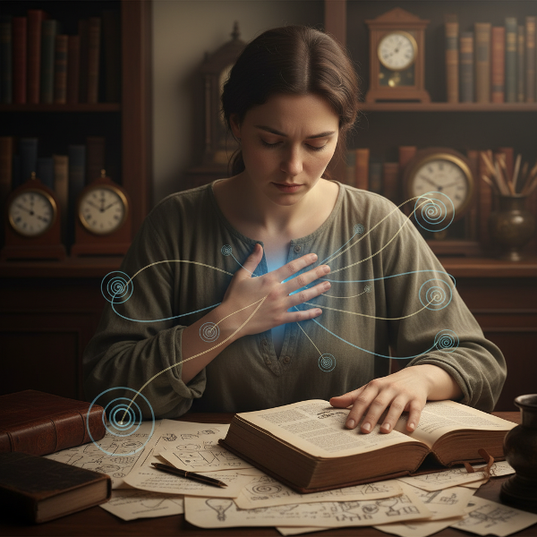 Een illustratie die de verbinding tussen mentale en fysieke gezondheid toont, met een persoon die lichaamssignalen interpreteert.