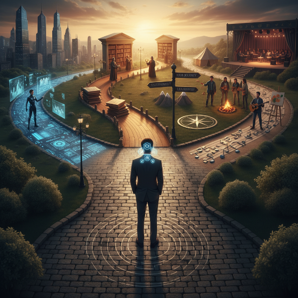 Illustratie van een persoon op een carrièrekruispunt met verschillende paden die verschillende beroepen en leiderschapsstijlen symboliseren.