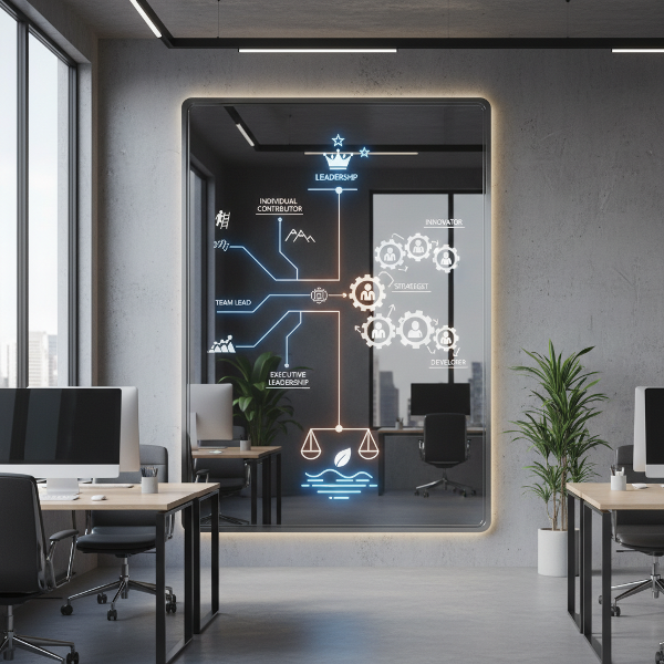 Een illustratie van een spiegel op een bureau die loopbaanvoorkeuren, leiderschapsstijlen en carrièreankers weerspiegelt, met subtiele signalen van werkstress.