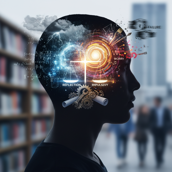 Een illustratie van een denkend hoofd met verschillende symbolen voor analytisch, creatief en praktisch denken, en vertekeningen als zwart-wit patronen en donkere wolken.