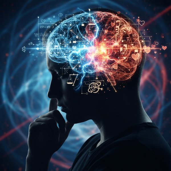 Een illustratie van een persoon wiens hoofd een complex netwerk van gedachten toont, met lichtstralen die analytische, creatieve en praktische denkprocessen symboliseren, terwijl schaduwen cognitieve vooroordelen vertegenwoordigen.