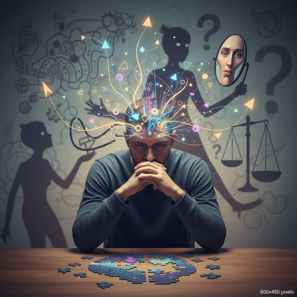 Een illustratie die de complexiteit van menselijk denken toont, met rationele en irrationele elementen die samenkomen in een mentaal landschap.