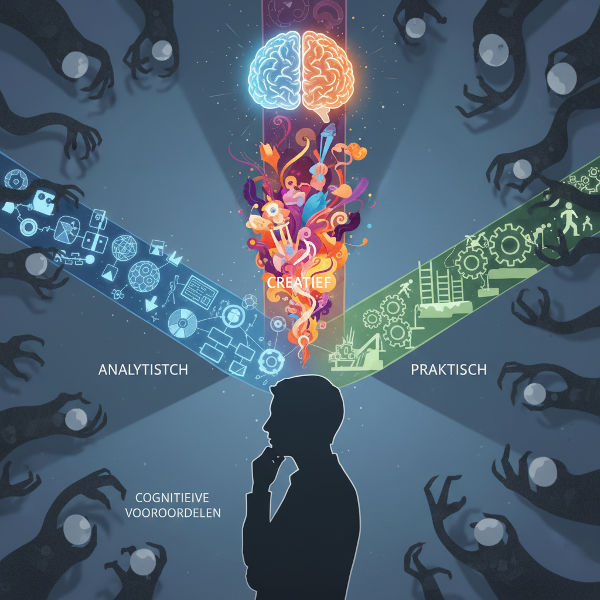 Een illustratie van een denkend persoon met drie intellectuele strategieën en omringende cognitieve vooroordelen, die verschillende denkstijlen en mentale processen symboliseert.