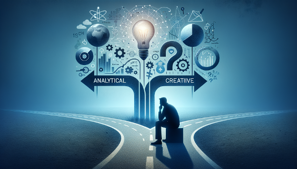 Een persoon staat op een kruispunt van wegen die verschillende denkstrategieën symboliseren, omringd door abstracte schaduwen die cognitieve vooroordelen voorstellen.