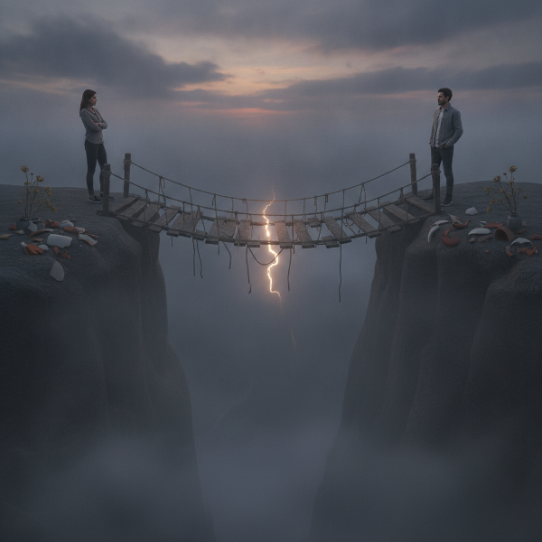 Twee mensen staan tegenover elkaar met een fragiele brug ertussen, die zowel spanning als de mogelijkheid tot verbinding toont.