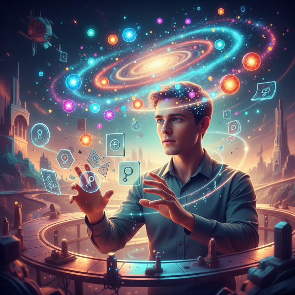 Abstracte illustratie van creativiteit als kleurrijke lichtbollen die uit een hoofd komen, symboliserend ideeën en oplossingen in verschillende situaties.