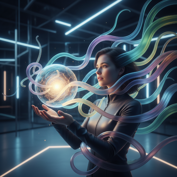 Een illustratie van creatieve probleemoplossing en aanpassingsvermogen, met een lichtgevend idee in een vloeiende, veranderende omgeving.