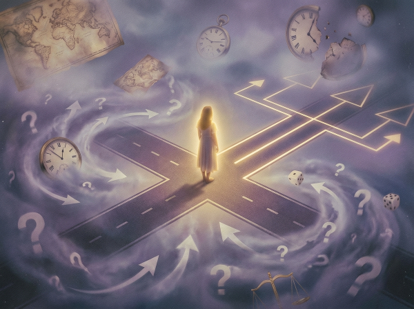 Een persoon staat op een kruispunt waar intuïtieve en logische paden samenkomen, omringd door symbolen van keuzes en onzekerheid in een dromerige sfeer.