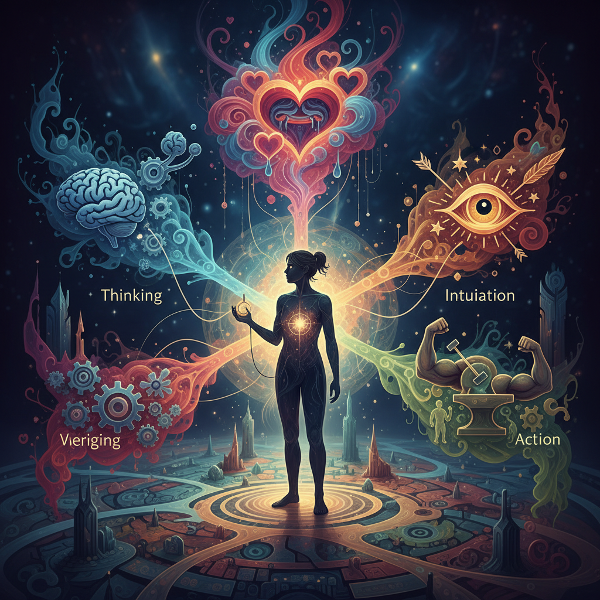 Een abstracte illustratie van een persoon op een beslissingskruispunt, omringd door symbolen die verschillende mentale processen vertegenwoordigen.