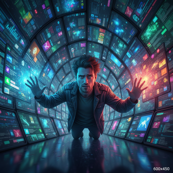 Een persoon omringd door een digitaal labyrint van schermen en notificaties, die emoties van controle en overweldiging uitdrukt.