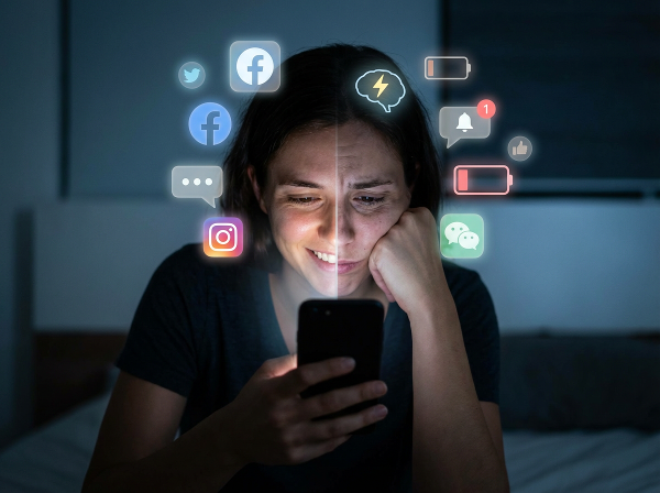 Een illustratie die de psychologische impact van technologiegebruik toont, met een persoon wiens reflectie in het scherm emotionele tegenstellingen laat zien en digitale elementen die het mentale welzijn beïnvloeden.