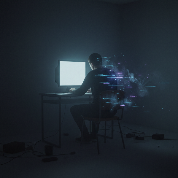 Een persoon kijkt naar een leeg scherm waarop digitale notificaties en verbindingen langzaam vervagen in stilte en schaduw, wat een gevoel van eenzaamheid en innerlijke reflectie oproept.