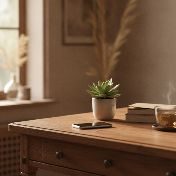 Een stilleven van een smartphone naast een groene plant en een kop thee, met zacht natuurlijk licht, wat staat voor bewust omgaan met technologie.