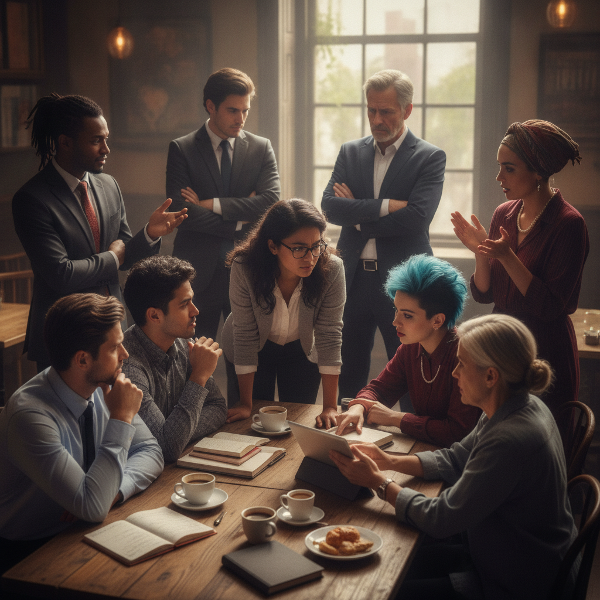 Een diverse groep mensen in gesprek, sommigen open en nieuwsgierig, anderen met afwerende houding, symboliseert het omgaan met verschillende meningen en gedragingen.