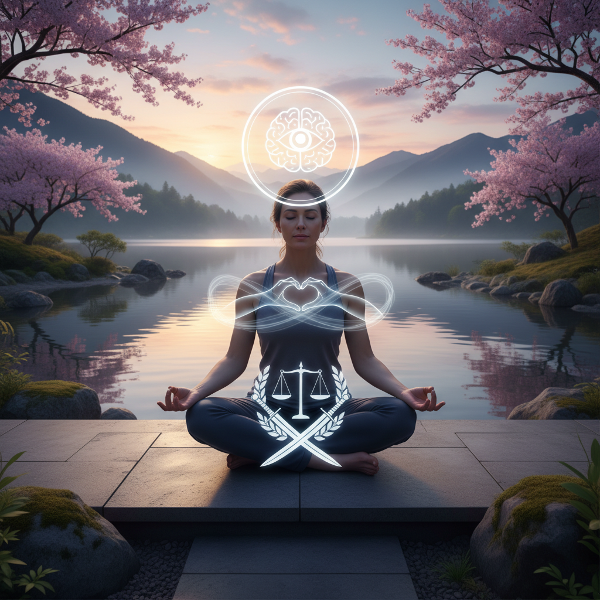Illustratie van emotionele intelligentie: een persoon die innerlijke gevoelens en andermans emoties waarneemt, omringd door symbolen van zelfregulatie en harmonie.