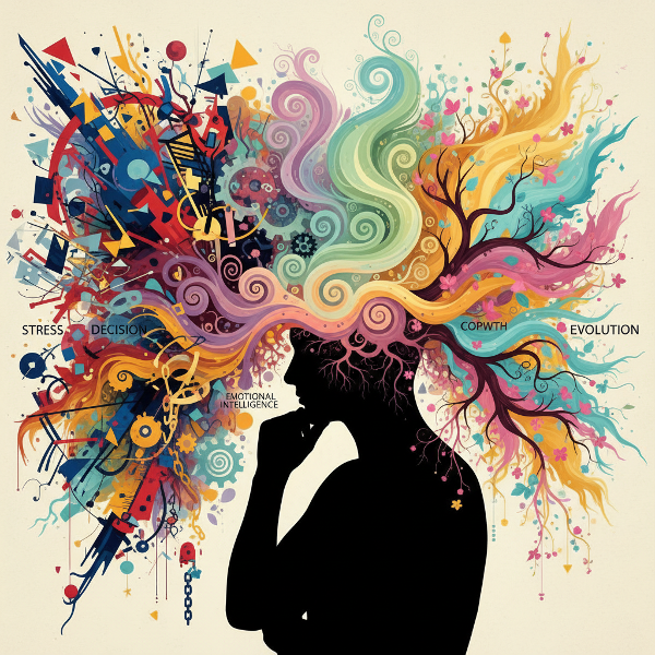 Abstracte illustratie van een persoon die emoties en besluitvorming onder druk verwerkt, met kleuren en patronen die stress, coping en groei symboliseren.