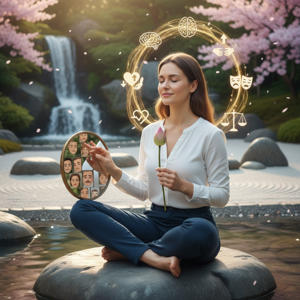 Een afbeelding die emotionele intelligentie uitbeeldt door een persoon die emoties beheerst en herkent in sociale interacties, met symbolen van groei en welzijn.