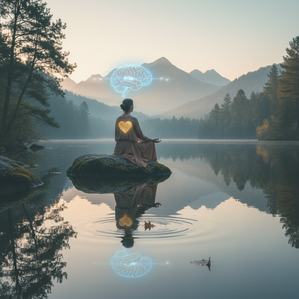 Een persoon in een rustige, natuurlijke setting die nadenkt, omringd door abstracte symbolen van emotie en gedachten, wat de balans en zelfreflectie van emotionele intelligentie weergeeft.