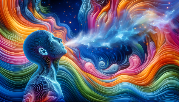 Een persoon in een meditatieve houding omringd door kleurrijke, vloeiende golven die emoties voorstellen, wat innerlijke kracht en emotioneel evenwicht uitbeeldt.