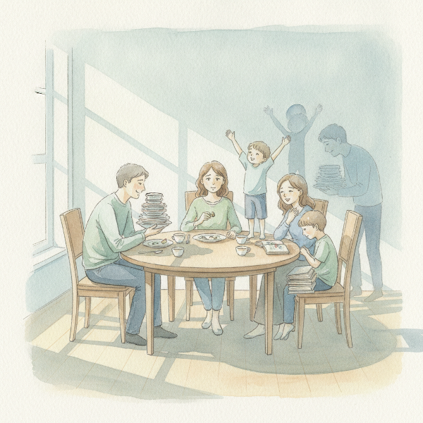 Illustratie van een gezin aan tafel met schaduwen die verborgen rollen en verwachtingen onthullen.