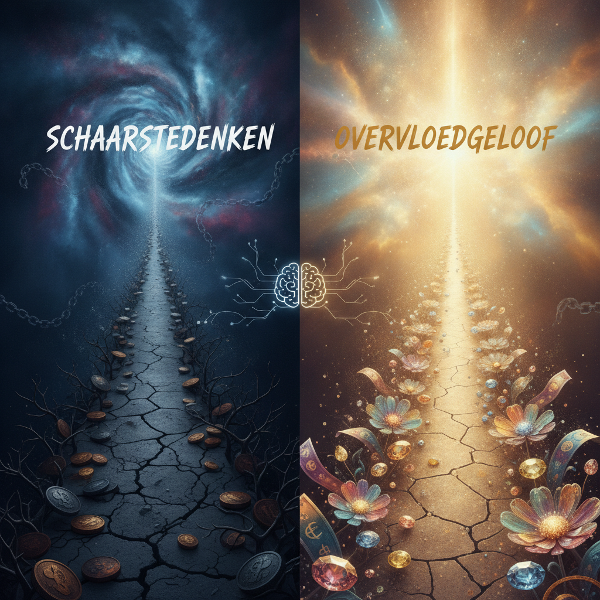 Abstracte afbeelding van een tweesplitsing in een pad, waarbij de ene kant donker en benauwd is en de andere kant licht en overvloedig, symboliseert de invloed van diepe overtuigingen op financiële keuzes.