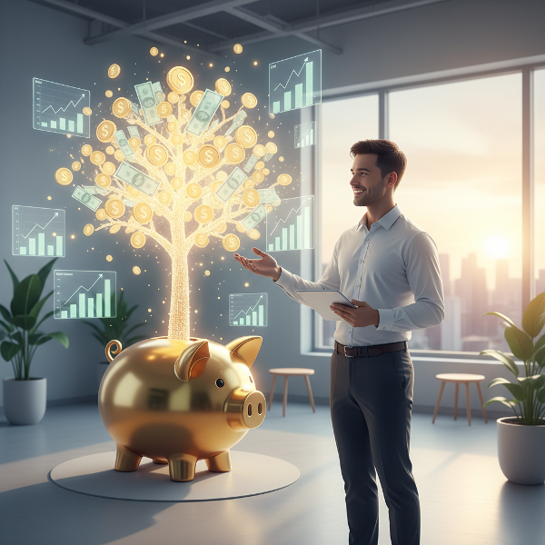 Illustratie van een persoon die financiële inzichten verkent, omringd door symbolen van geld, groei en bewuste keuzes.