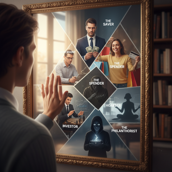 Een persoon kijkt naar een spiegel waarin verschillende symbolische representaties van geldhoudingen en financiële gedragsstijlen worden weergegeven.